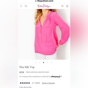 NWT Lilly Pulitzer Elsa 100% Silk Popover in beautiful Lilly pink. Pink Palms -